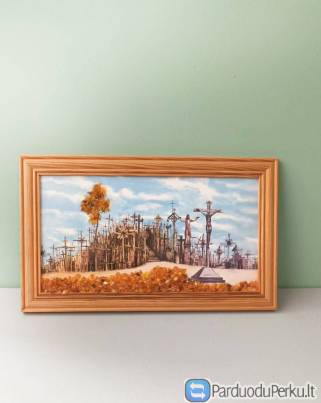 Paveikslėlis „Kryžių kalnas“, dekoruotas natūraliu gintaru, 22x13.5 cm