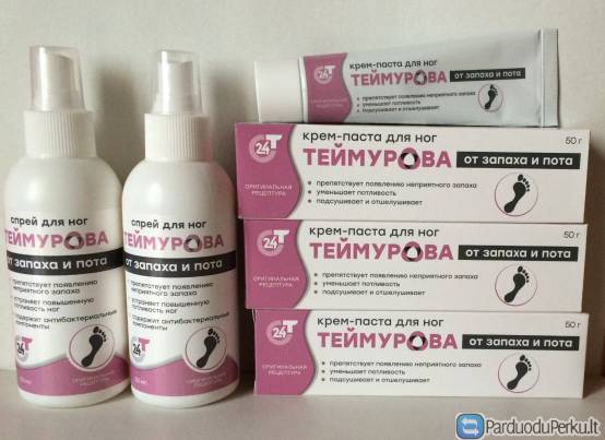 Teimurovo pasta ir purškiklis kojoms nuo prakaitavimo